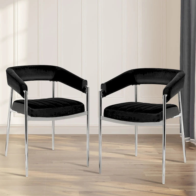 Chaise de salle à manger en velours avec accoudoirs et pieds en métal chromé