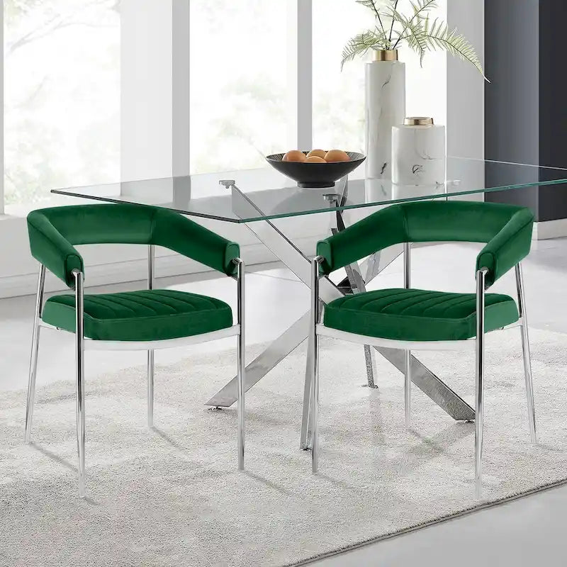 Chaise de salle à manger en velours avec accoudoirs et pieds en métal chromé