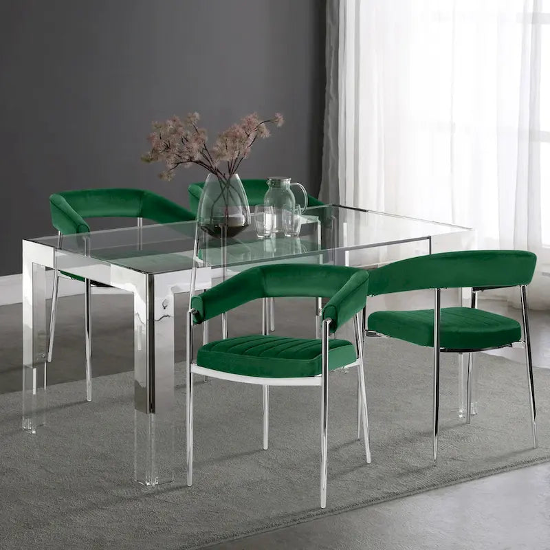 Chaise de salle à manger en velours avec accoudoirs et pieds en métal chromé