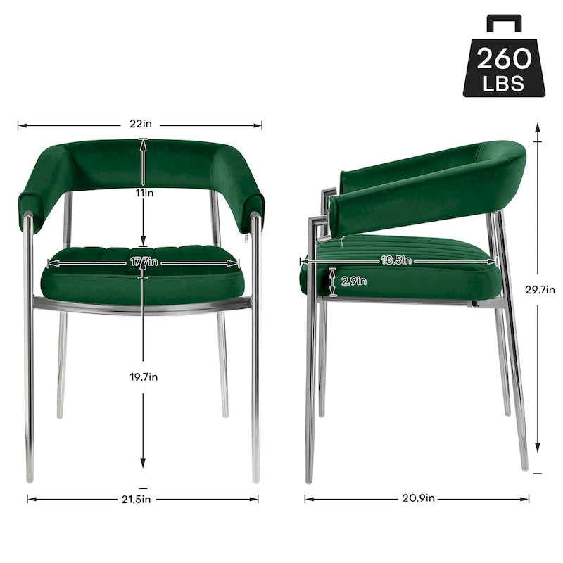 Chaise de salle à manger en velours avec accoudoirs et pieds en métal chromé