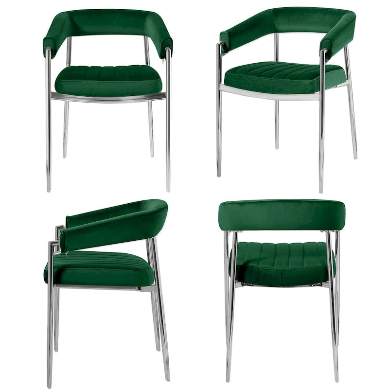 Chaise de salle à manger en velours avec accoudoirs et pieds en métal chromé