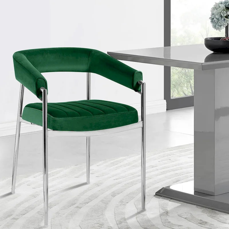 Chaise de salle à manger en velours avec accoudoirs et pieds en métal chromé