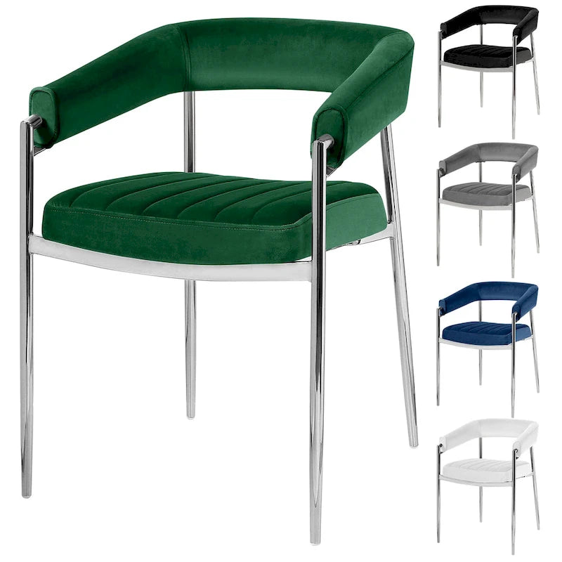 Chaise de salle à manger en velours avec accoudoirs et pieds en métal chromé
