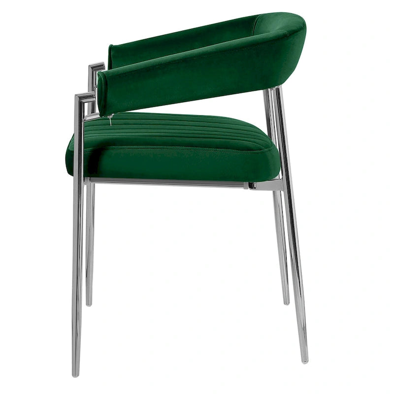 Chaise de salle à manger en velours avec accoudoirs et pieds en métal chromé