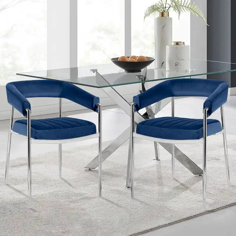 Chaise de salle à manger en velours avec accoudoirs et pieds en métal chromé
