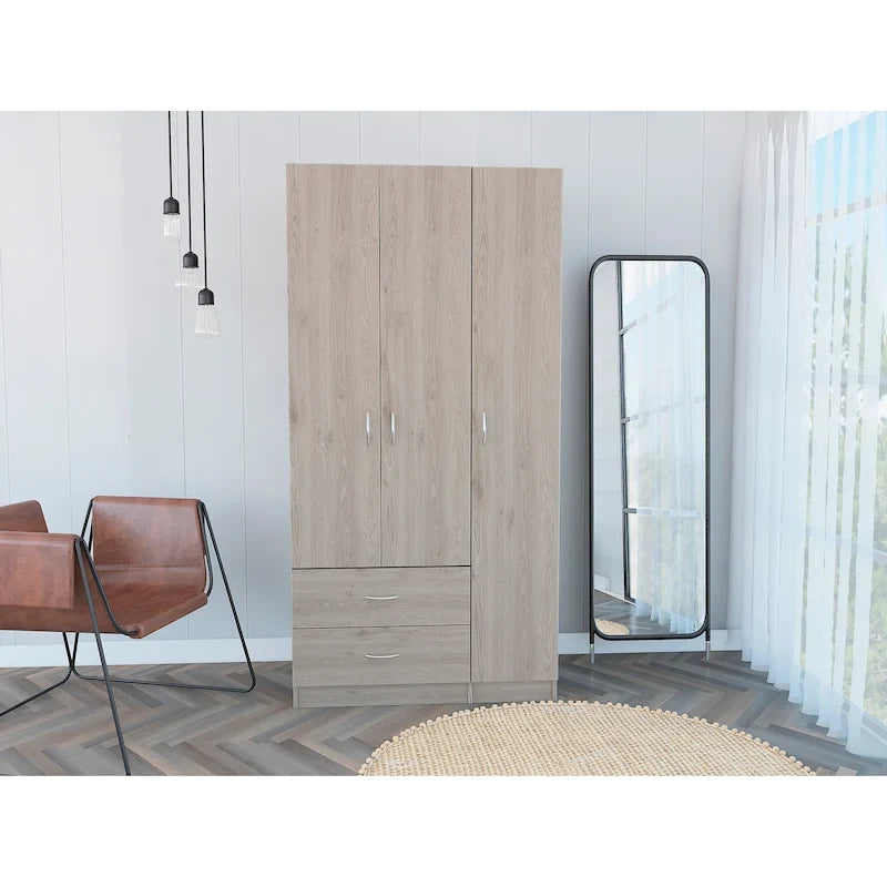 Armoire 3 portes FM Furniture Eureka avec 2 tiroirs, étagères intérieures et tringle