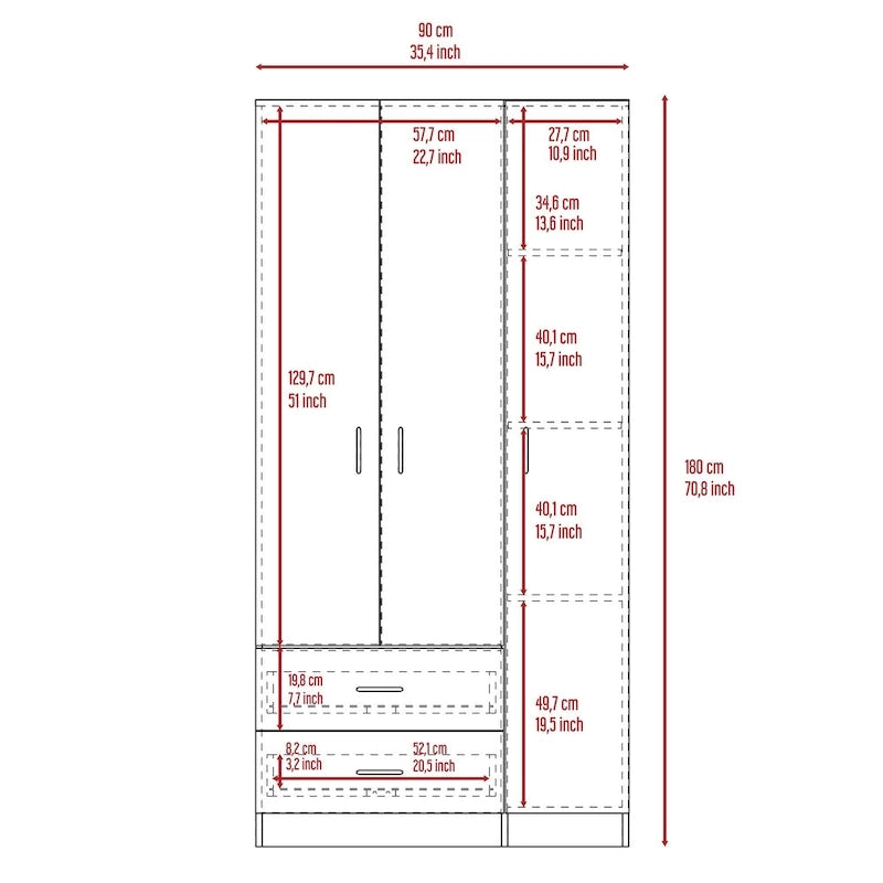 Armoire 3 portes FM Furniture Eureka avec 2 tiroirs, étagères intérieures et tringle