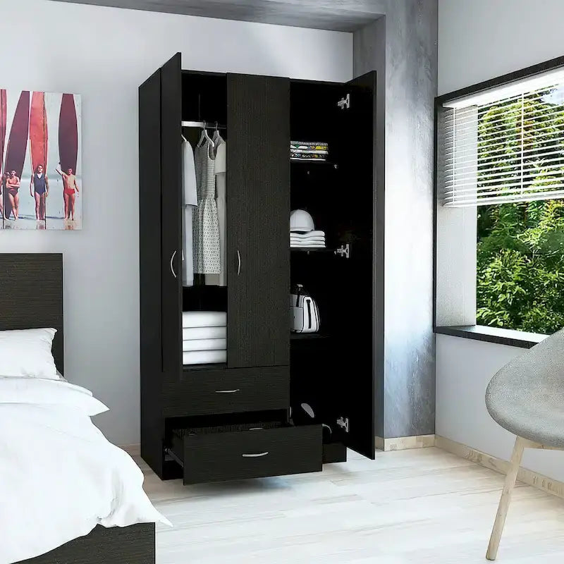 Armoire 3 portes FM Furniture Eureka avec 2 tiroirs, étagères intérieures et tringle