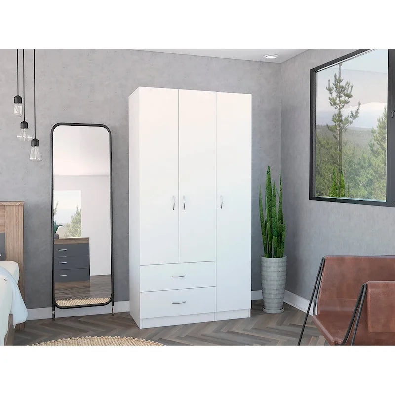 Armoire 3 portes FM Furniture Eureka avec 2 tiroirs, étagères intérieures et tringle