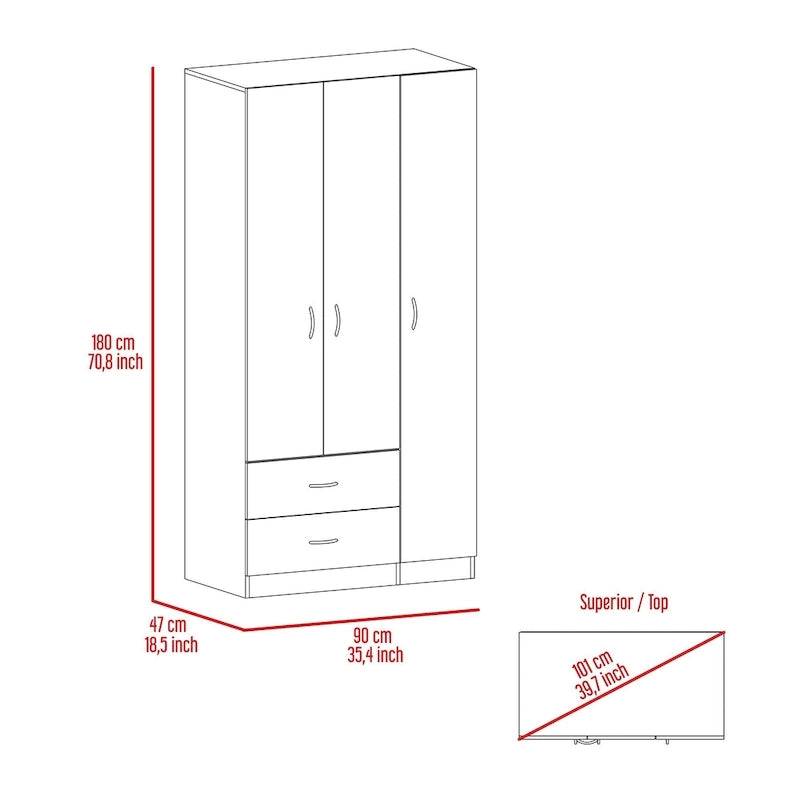 Armoire 3 portes FM Furniture Eureka avec 2 tiroirs, étagères intérieures et tringle