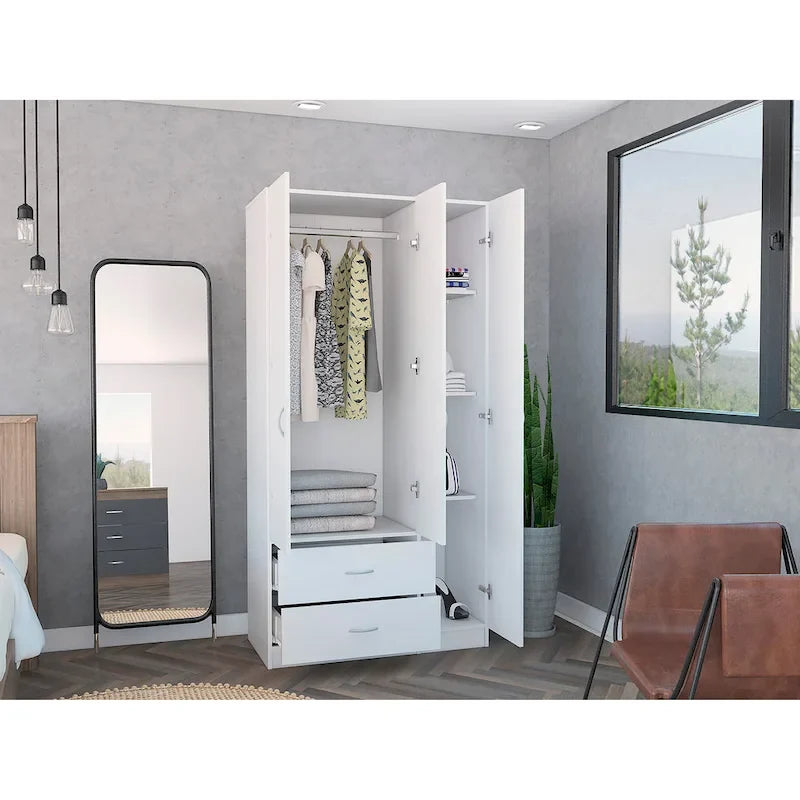 Armoire 3 portes FM Furniture Eureka avec 2 tiroirs, étagères intérieures et tringle