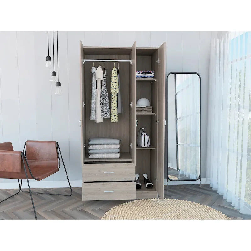 Armoire 3 portes FM Furniture Eureka avec 2 tiroirs, étagères intérieures et tringle