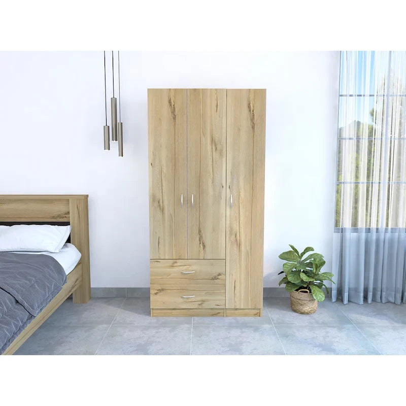 Armoire 3 portes FM Furniture Eureka avec 2 tiroirs, étagères intérieures et tringle