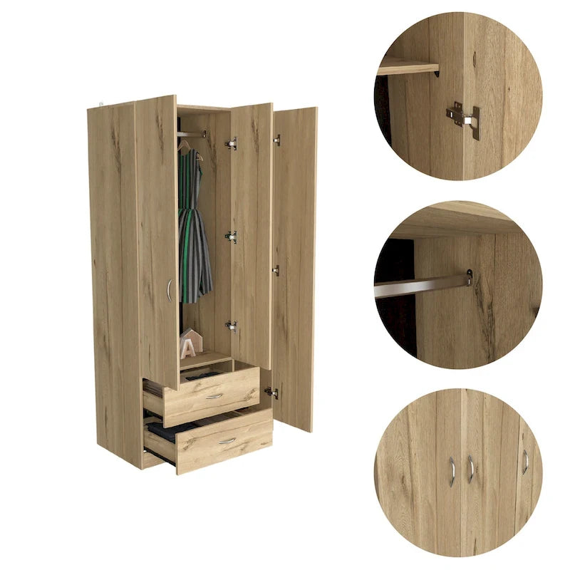 Armoire 3 portes FM Furniture Eureka avec 2 tiroirs, étagères intérieures et tringle