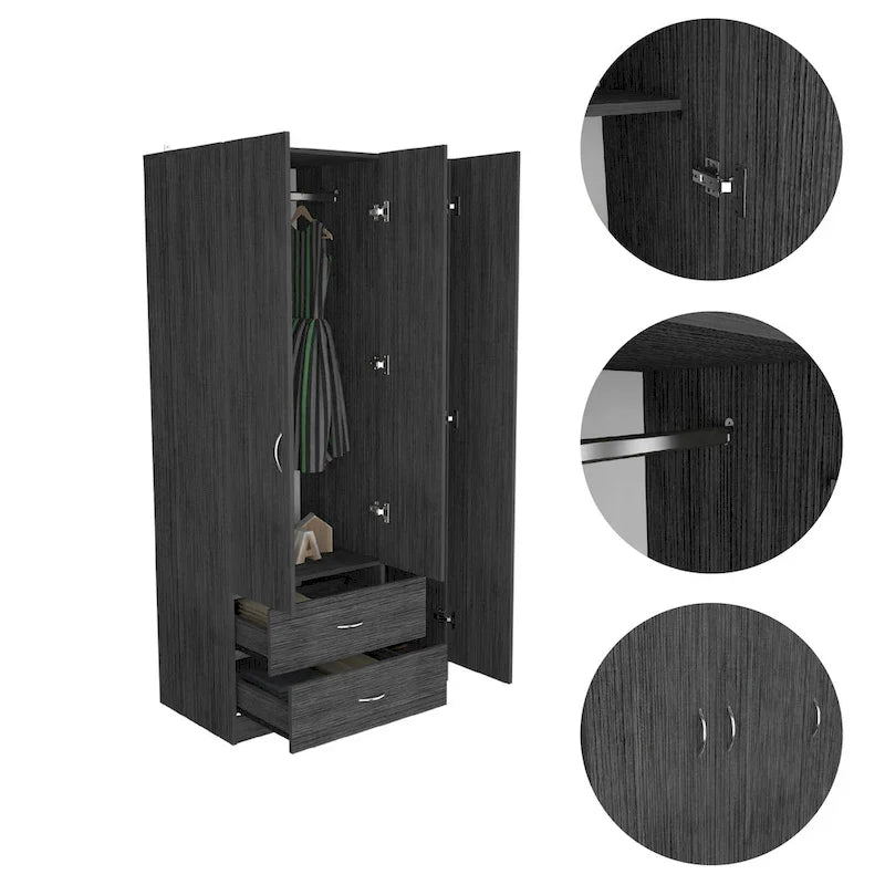 Armoire 3 portes FM Furniture Eureka avec 2 tiroirs, étagères intérieures et tringle