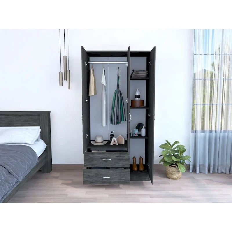 Armoire 3 portes FM Furniture Eureka avec 2 tiroirs, étagères intérieures et tringle
