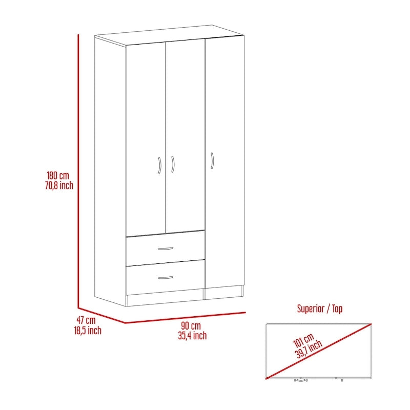 Armoire 3 portes FM Furniture Eureka avec 2 tiroirs, étagères intérieures et tringle