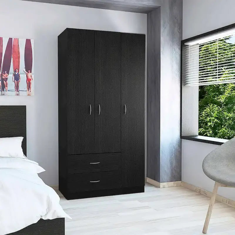 Armoire 3 portes FM Furniture Eureka avec 2 tiroirs, étagères intérieures et tringle