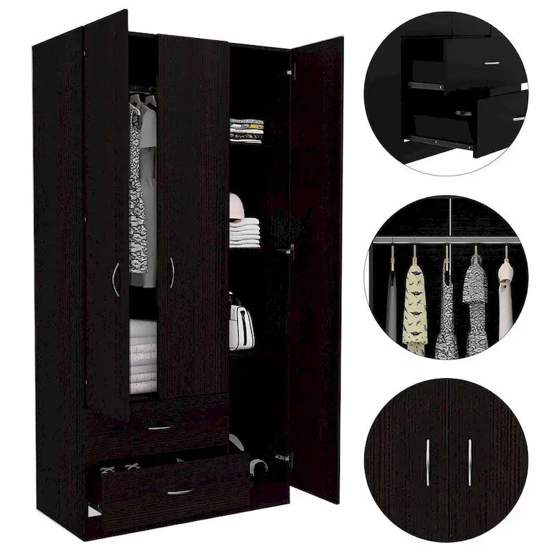 Armoire 3 portes FM Furniture Eureka avec 2 tiroirs, étagères intérieures et tringle