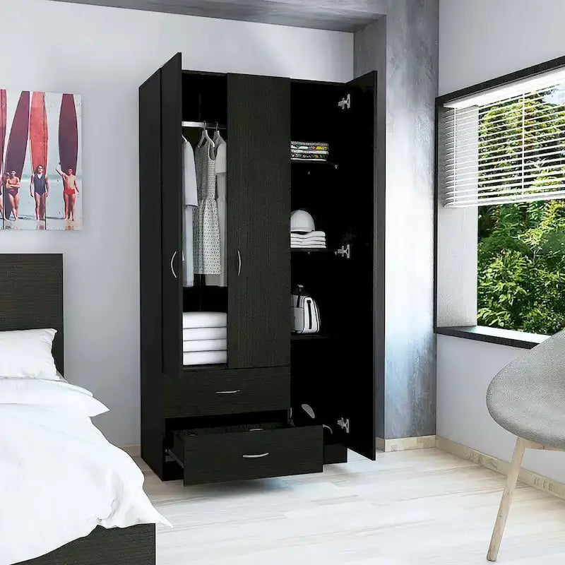Armoire 3 portes FM Furniture Eureka avec 2 tiroirs, étagères intérieures et tringle