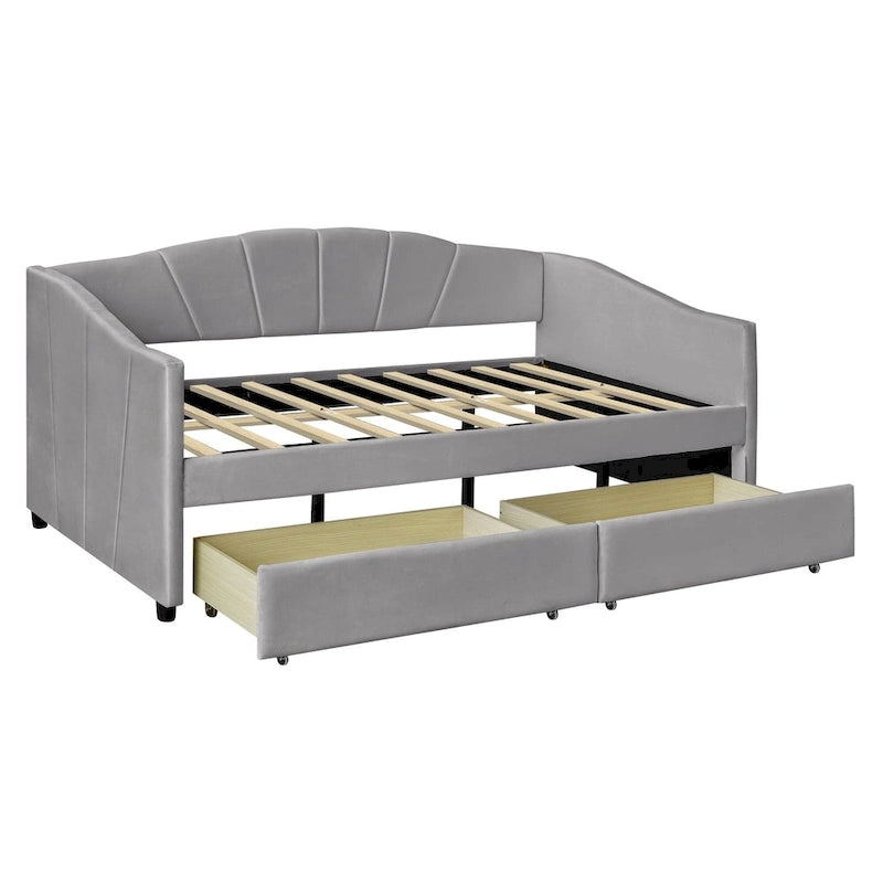 Nestfair Lit de repos rembourré Taille double avec deux tiroirs et support à lattes en bois