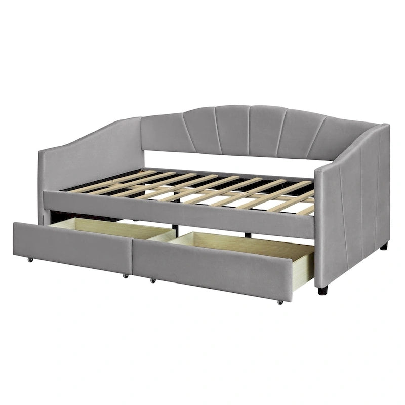 Nestfair Lit de repos rembourré Taille double avec deux tiroirs et support à lattes en bois