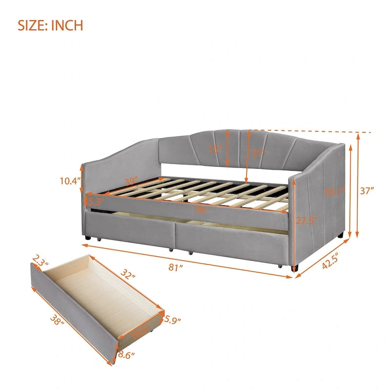 Nestfair Lit de repos rembourré Taille double avec deux tiroirs et support à lattes en bois