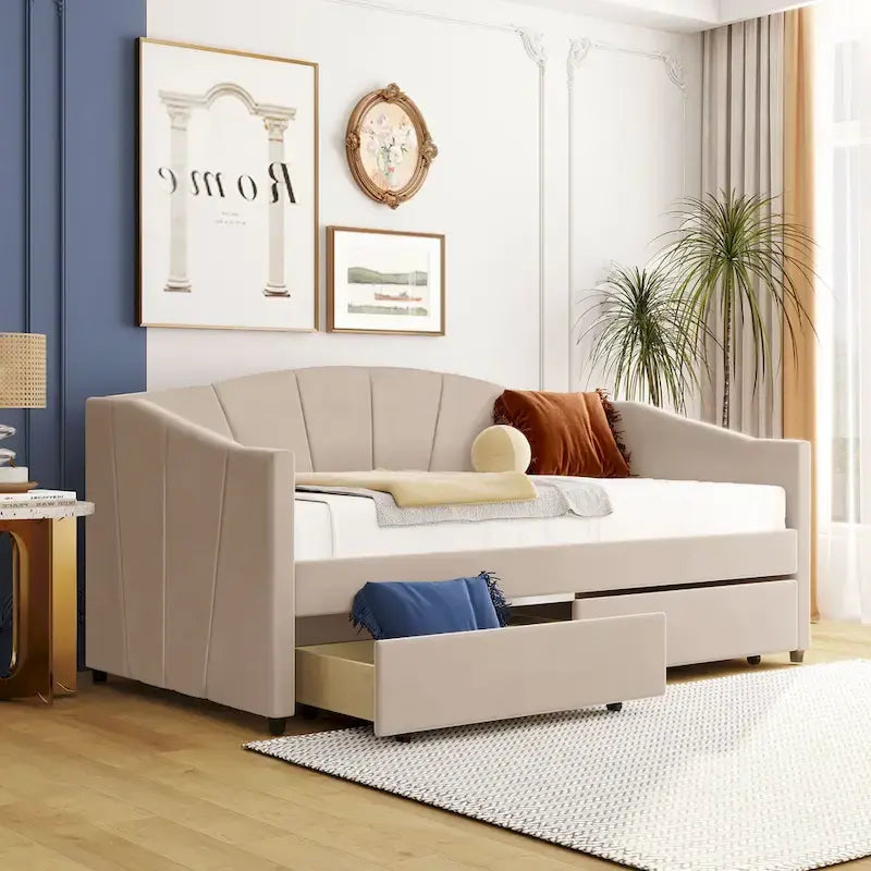 Nestfair Lit de repos rembourré Taille double avec deux tiroirs et support à lattes en bois
