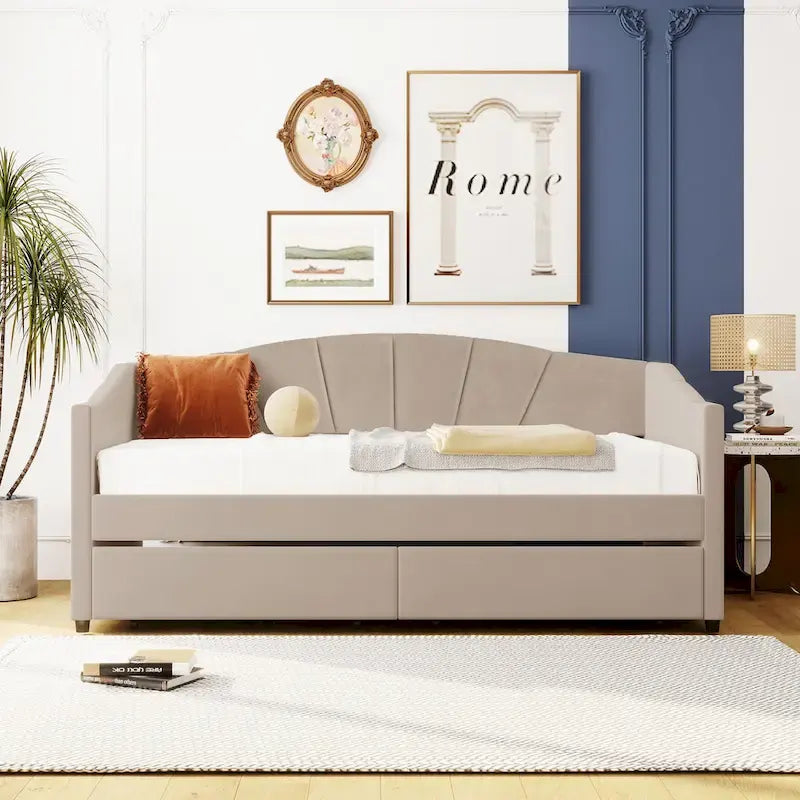 Nestfair Lit de repos rembourré Taille double avec deux tiroirs et support à lattes en bois