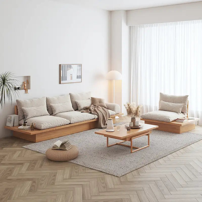 Canapé JASIWAY en coton lin beige avec cadre en bois