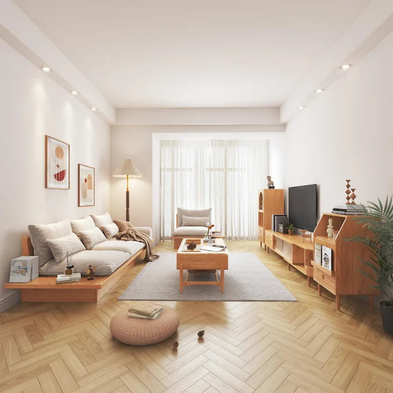 Canapé JASIWAY en coton lin beige avec cadre en bois