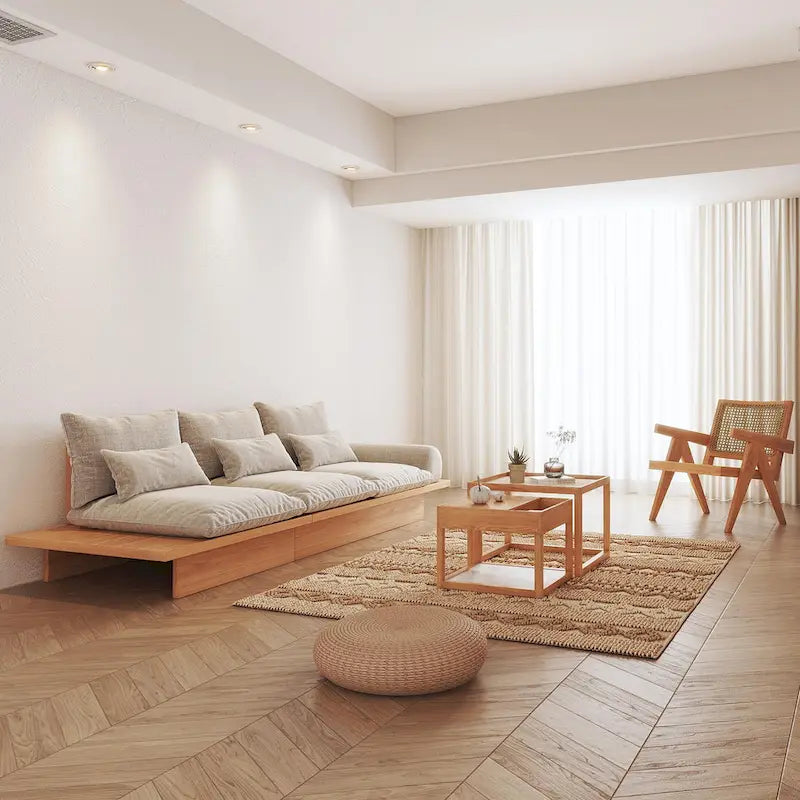 Canapé JASIWAY en coton lin beige avec cadre en bois