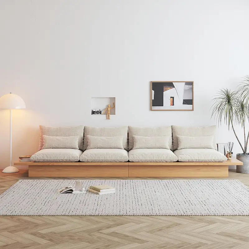 Canapé JASIWAY en coton lin beige avec cadre en bois