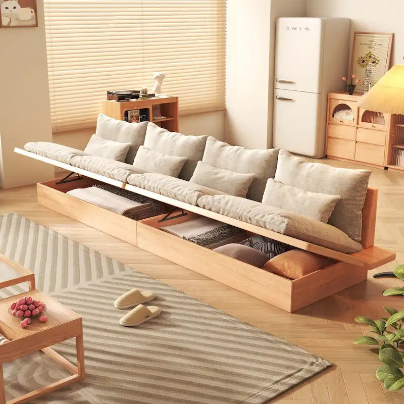 Canapé JASIWAY en coton lin beige avec cadre en bois