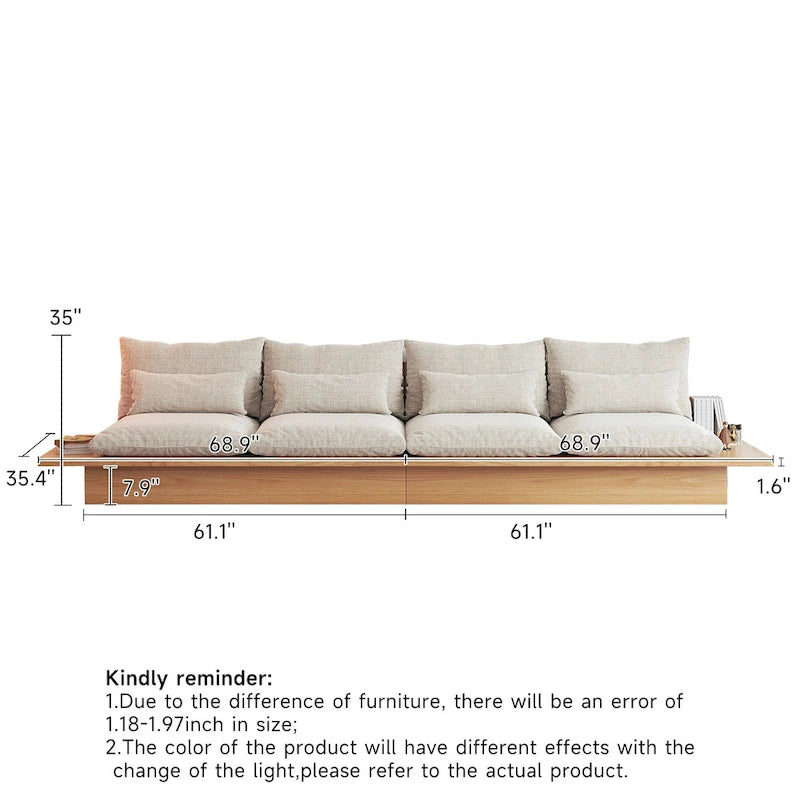 Canapé JASIWAY en coton lin beige avec cadre en bois