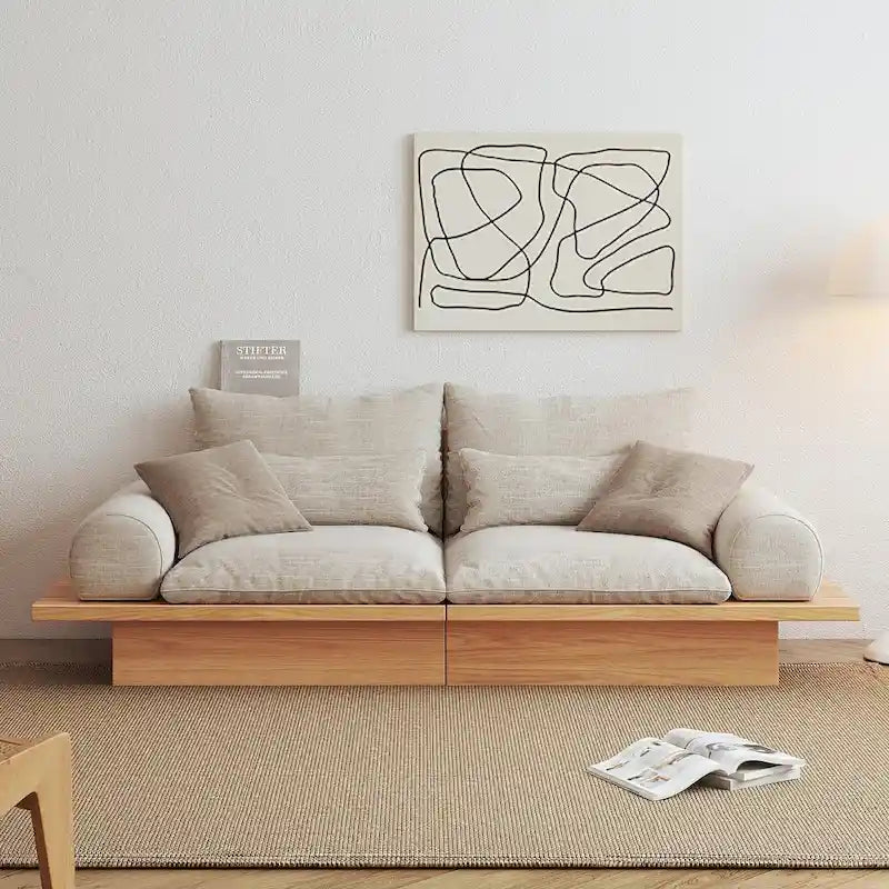 Canapé JASIWAY en coton lin beige avec cadre en bois