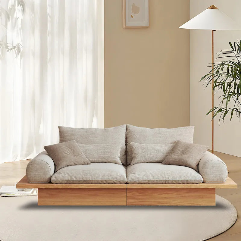 Canapé JASIWAY en coton lin beige avec cadre en bois