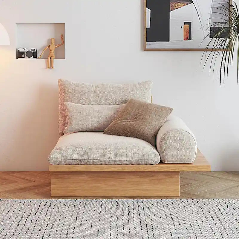 Canapé JASIWAY en coton lin beige avec cadre en bois