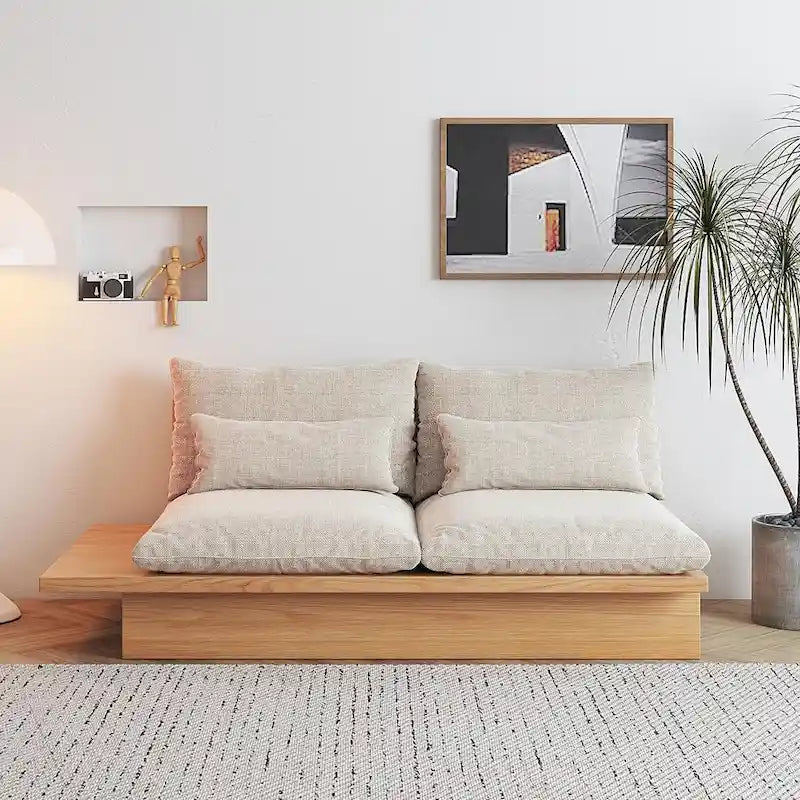 Canapé JASIWAY en coton lin beige avec cadre en bois