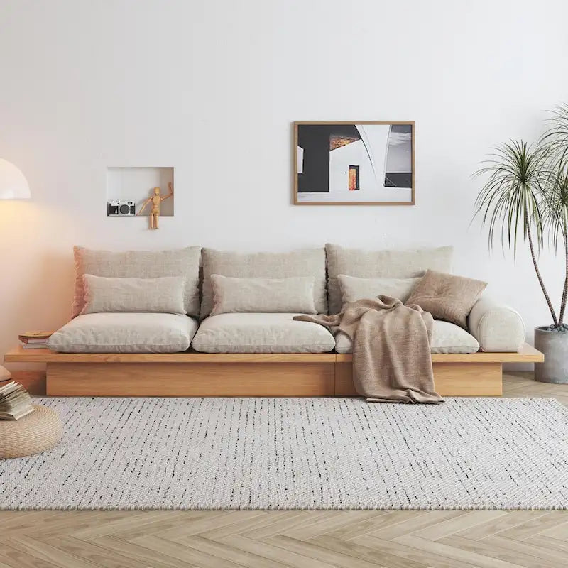 Canapé JASIWAY en coton lin beige avec cadre en bois