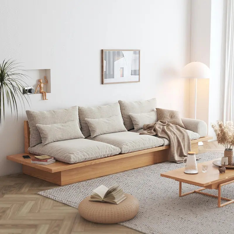 Canapé JASIWAY en coton lin beige avec cadre en bois