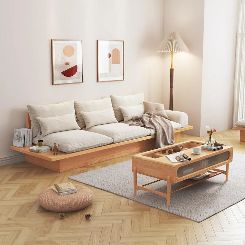 Canapé JASIWAY en coton lin beige avec cadre en bois