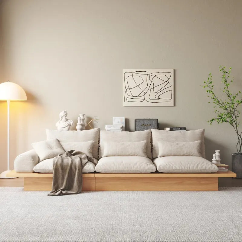 Canapé JASIWAY en coton lin beige avec cadre en bois