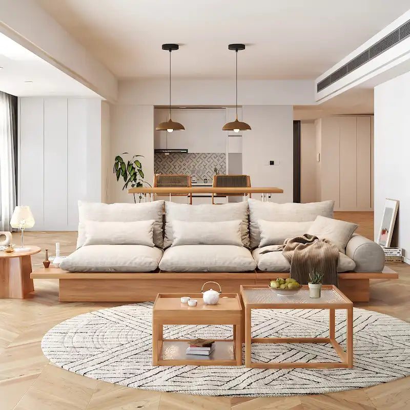 Canapé JASIWAY en coton lin beige avec cadre en bois