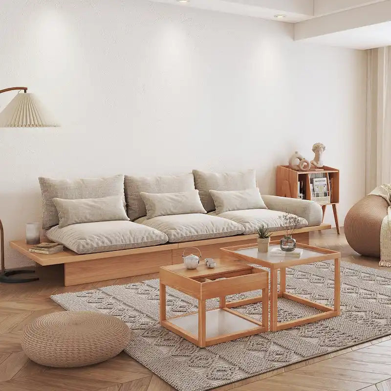 Canapé JASIWAY en coton lin beige avec cadre en bois