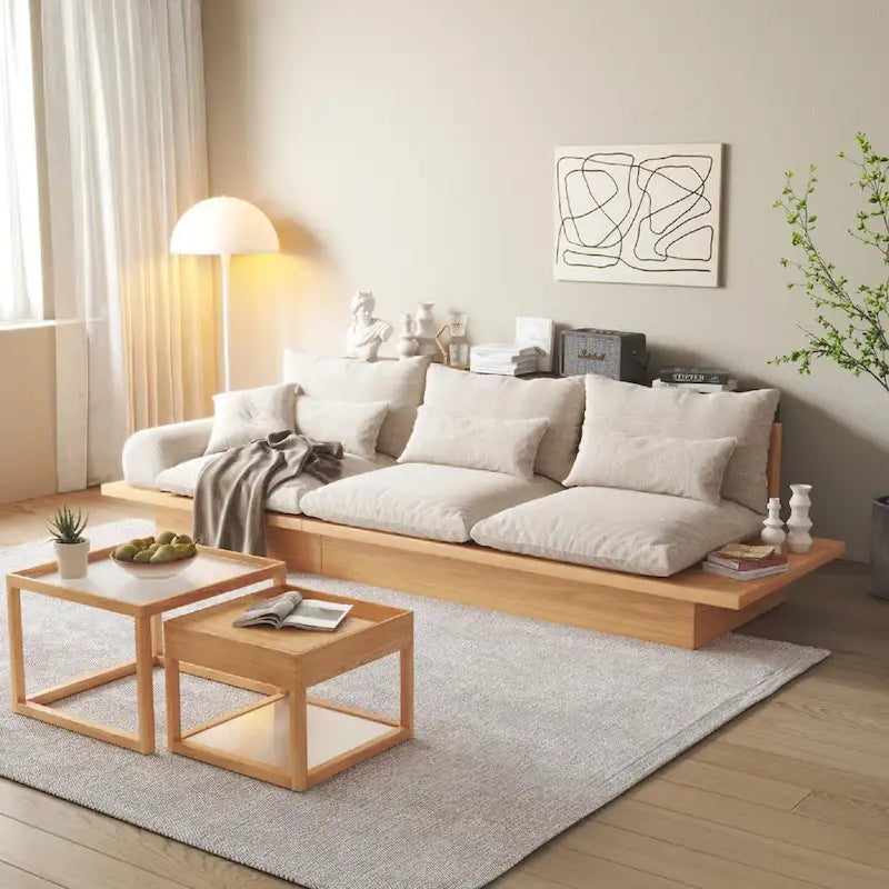 Canapé JASIWAY en coton lin beige avec cadre en bois