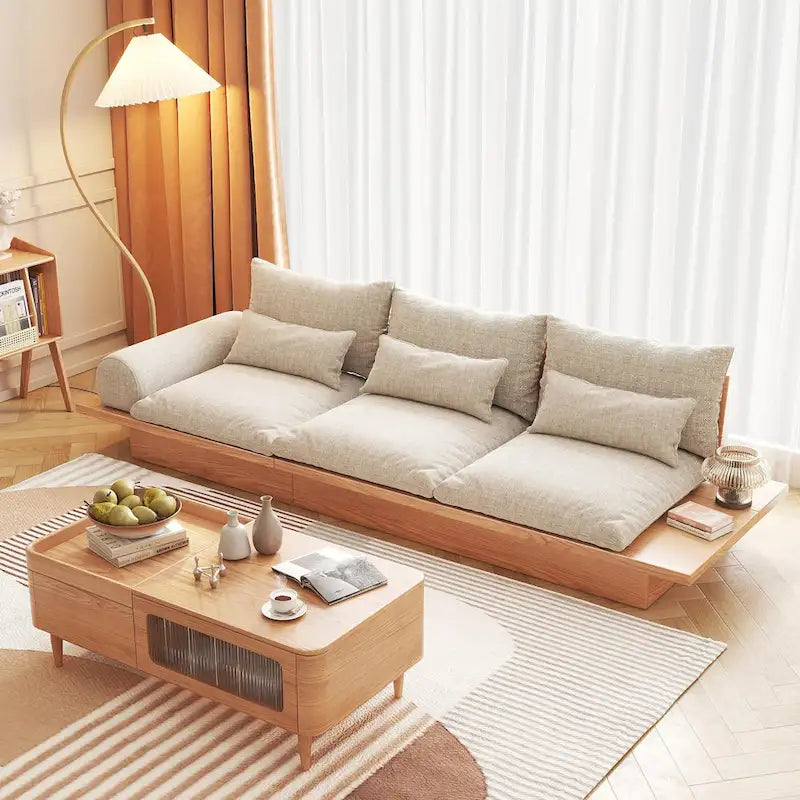 Canapé JASIWAY en coton lin beige avec cadre en bois