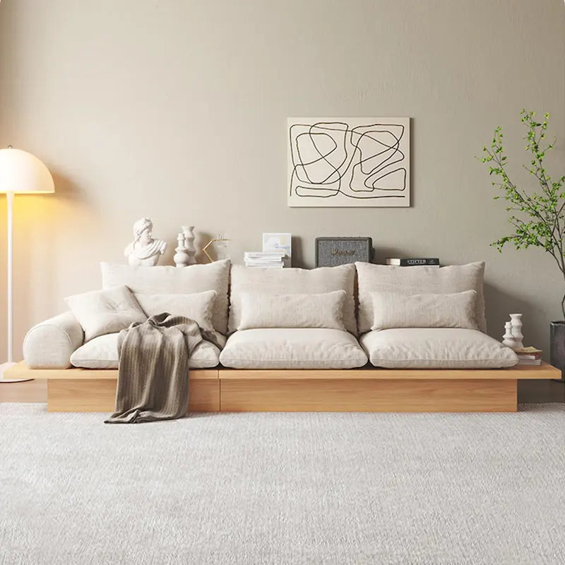 Canapé JASIWAY en coton lin beige avec cadre en bois