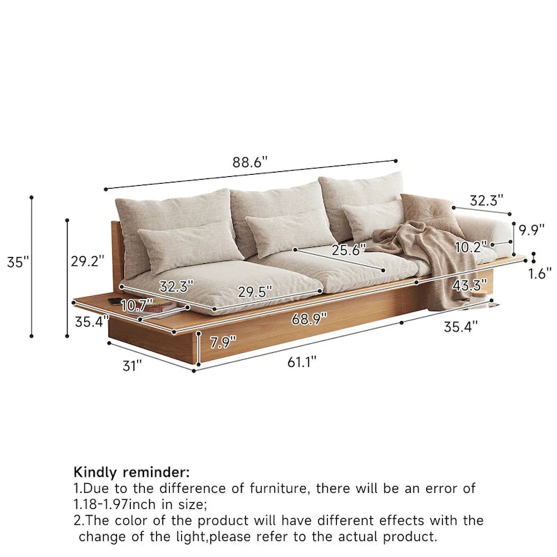 Canapé JASIWAY en coton lin beige avec cadre en bois