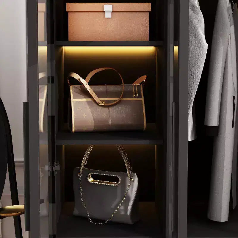 Armoire vitrine avec éclairage LED, portes en verre, placard-penderie, noir